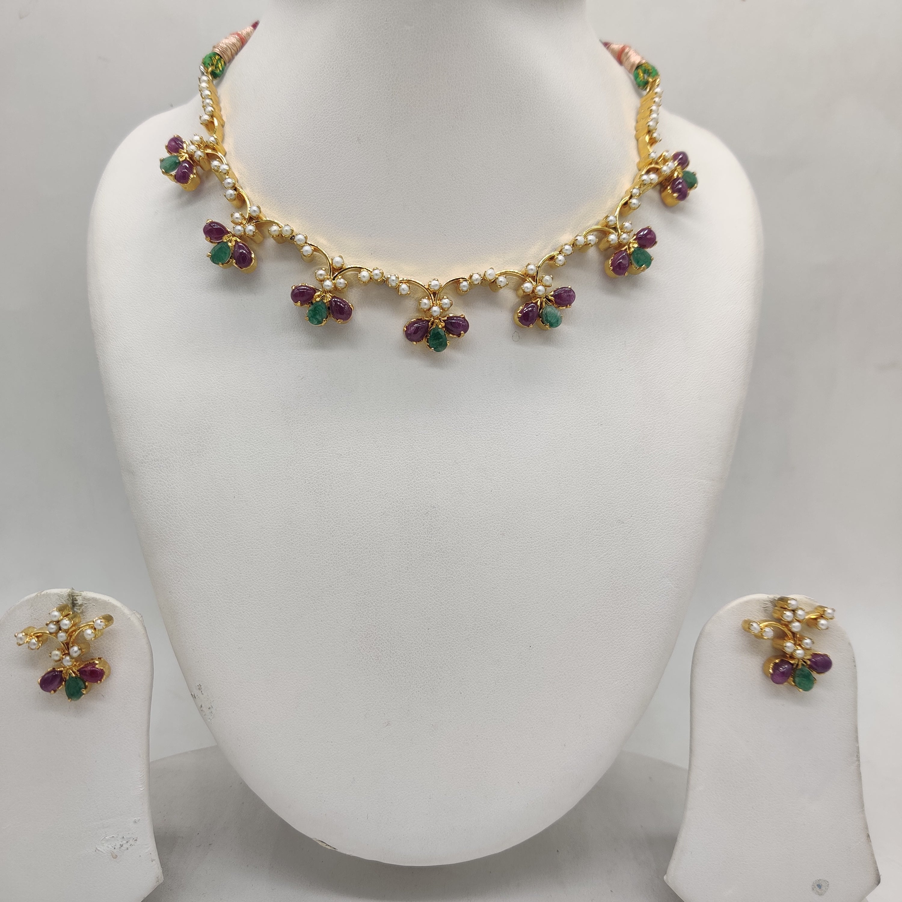 Pearl Ruby Emerald Necklace Set
