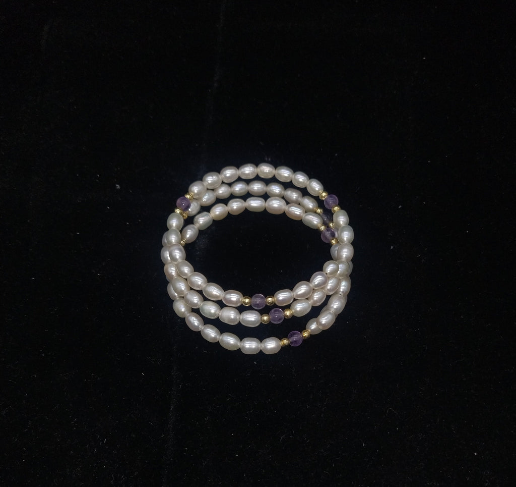 Oval White Pearl 3-Layer Coil Wrap Bracelet with Purple Beads and Gold-Tone Accents
