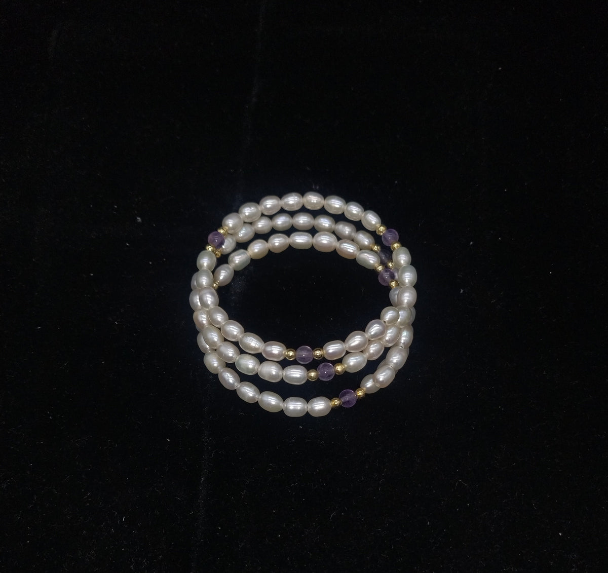 Oval White Pearl 3-Layer Coil Wrap Bracelet with Purple Beads and Gold-Tone Accents