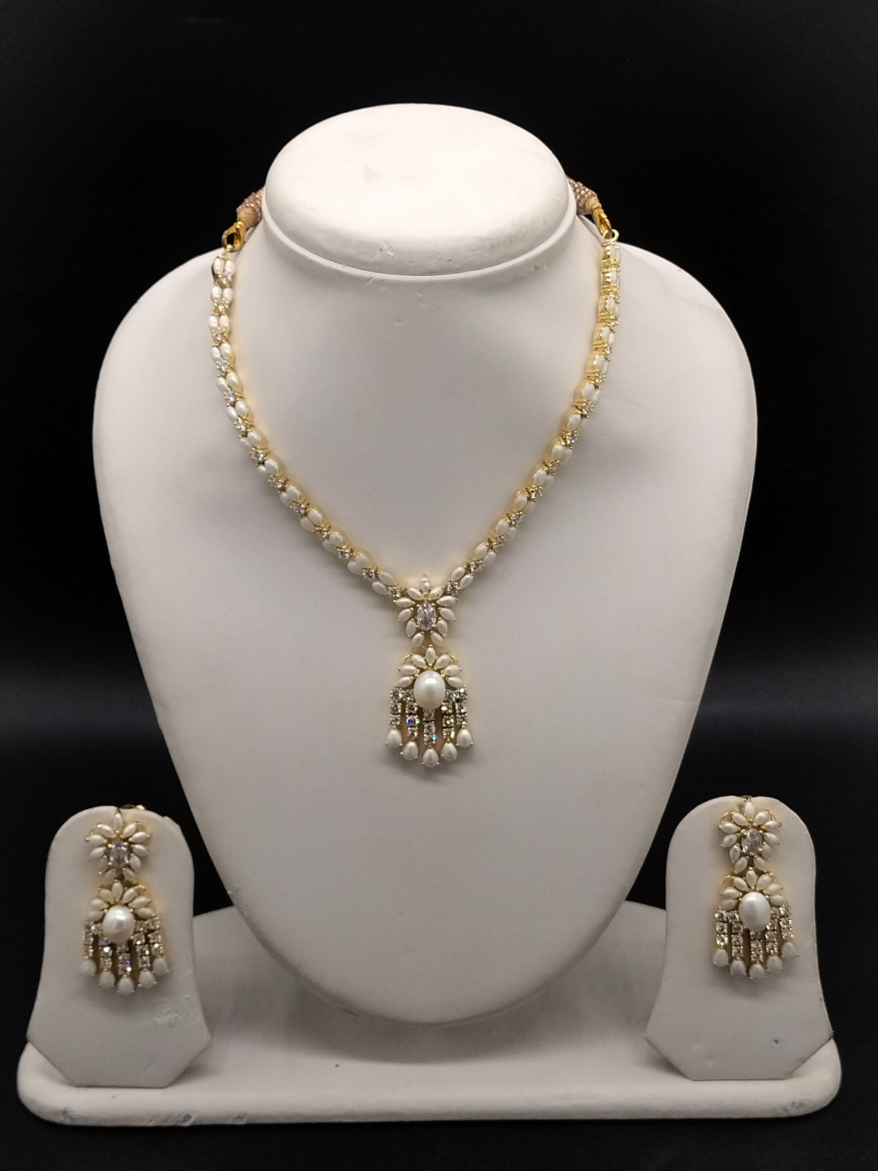 White Pearl Necklace Set – Elegant CZ Floral Pendant Jewellery