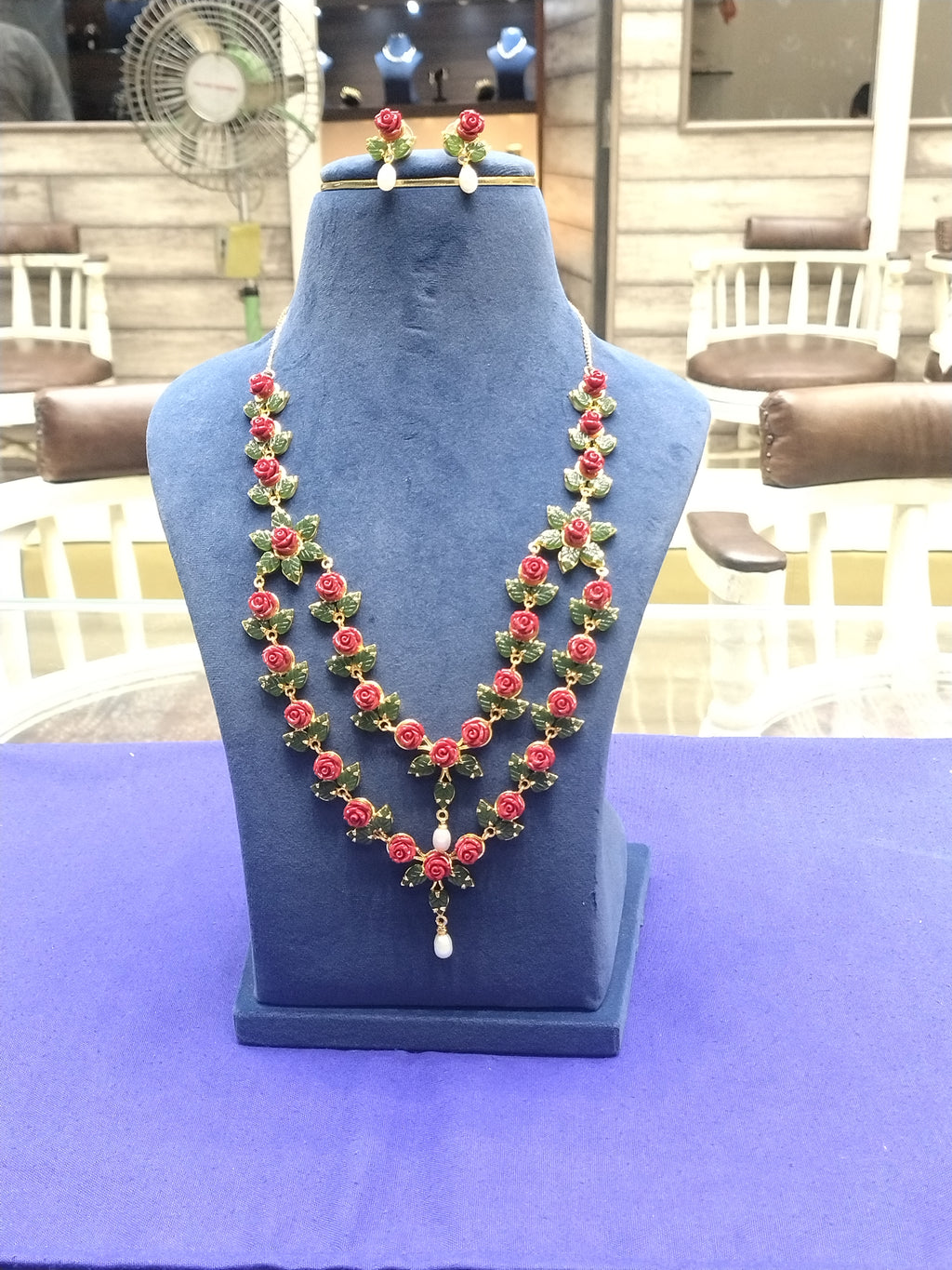 Red Coral & Jade Leaf Necklace Set