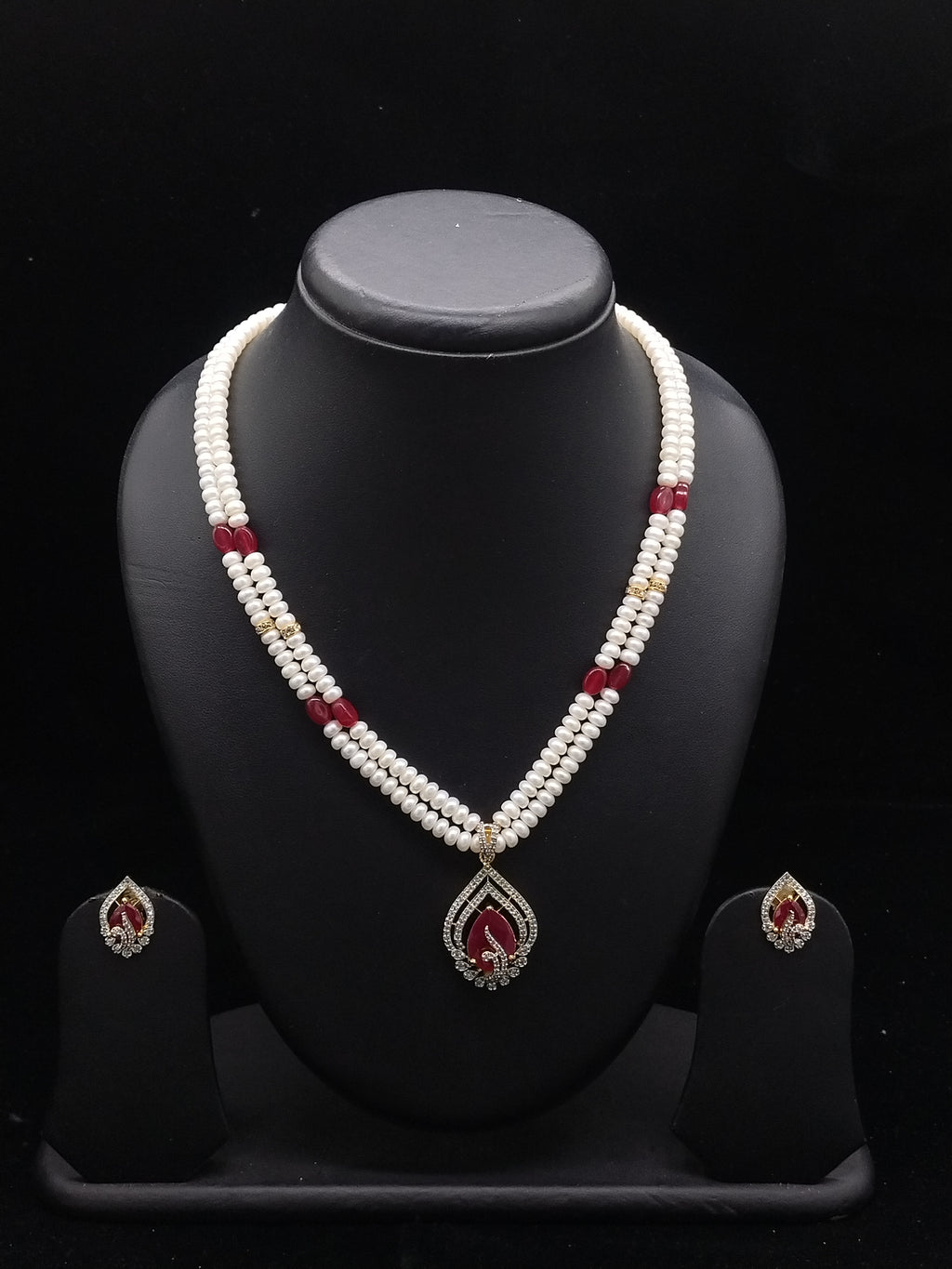 The Crimson Teardrop: 2-Line Flat Pearl & Ruby Stone Necklace Set
