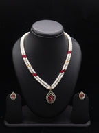 The Crimson Teardrop: 2-Line Flat Pearl & Ruby Stone Necklace Set