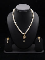 White Button Pearl Necklace Set with Teardrop Pendant & Earrings