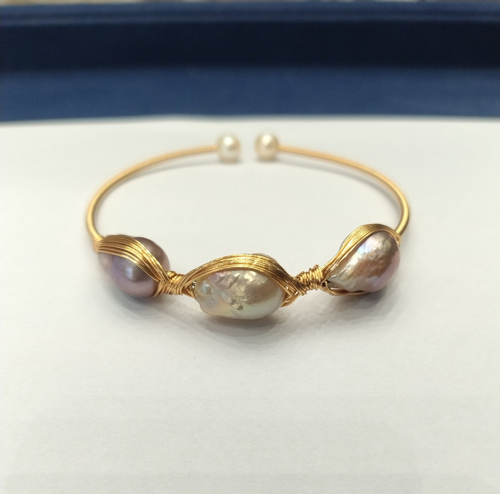 Trio Baroque Pearl Wire-Wrapped Gold tone Open Cuff Bracelet