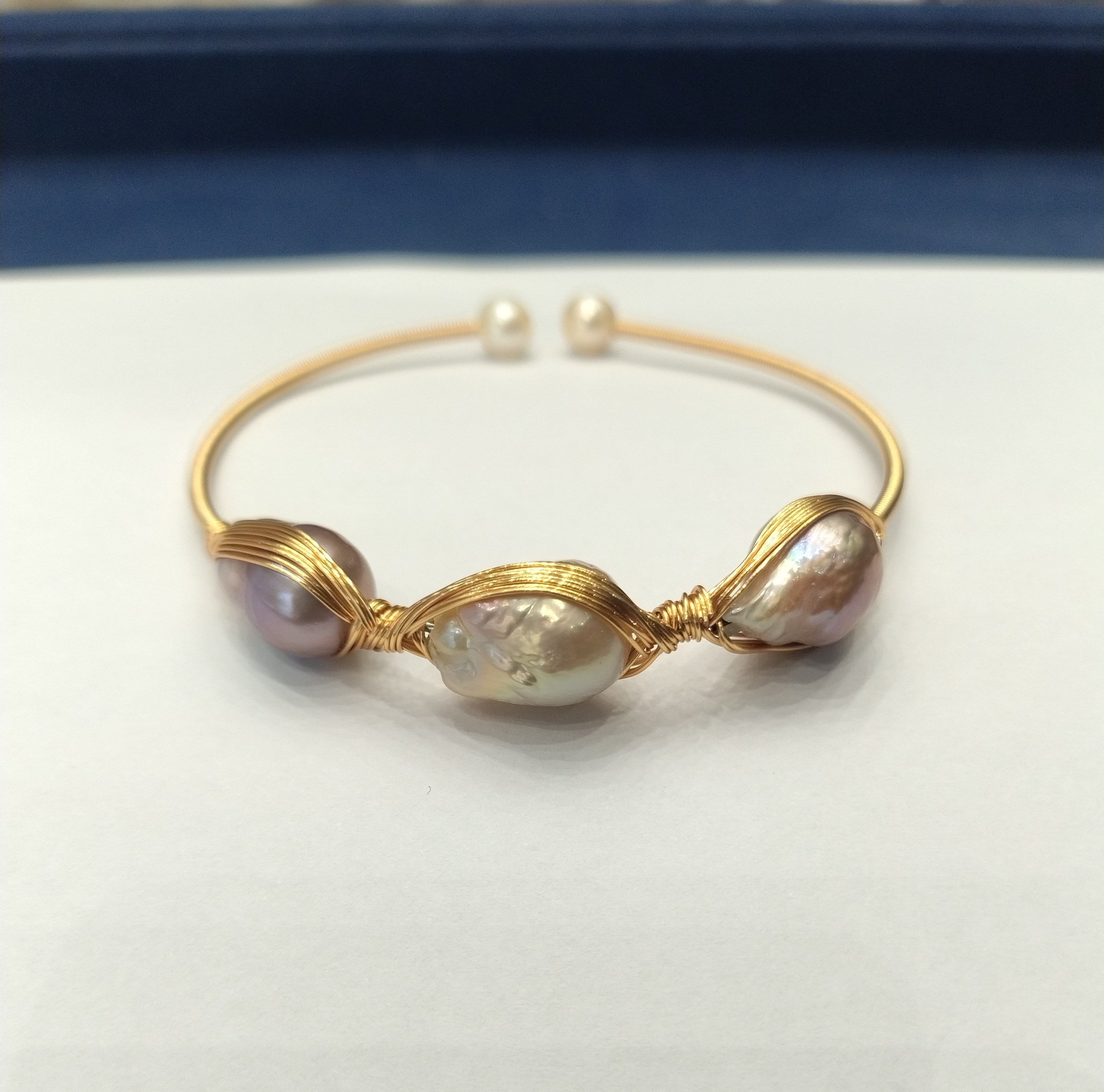 Trio Baroque Pearl Wire-Wrapped Gold tone Open Cuff Bracelet