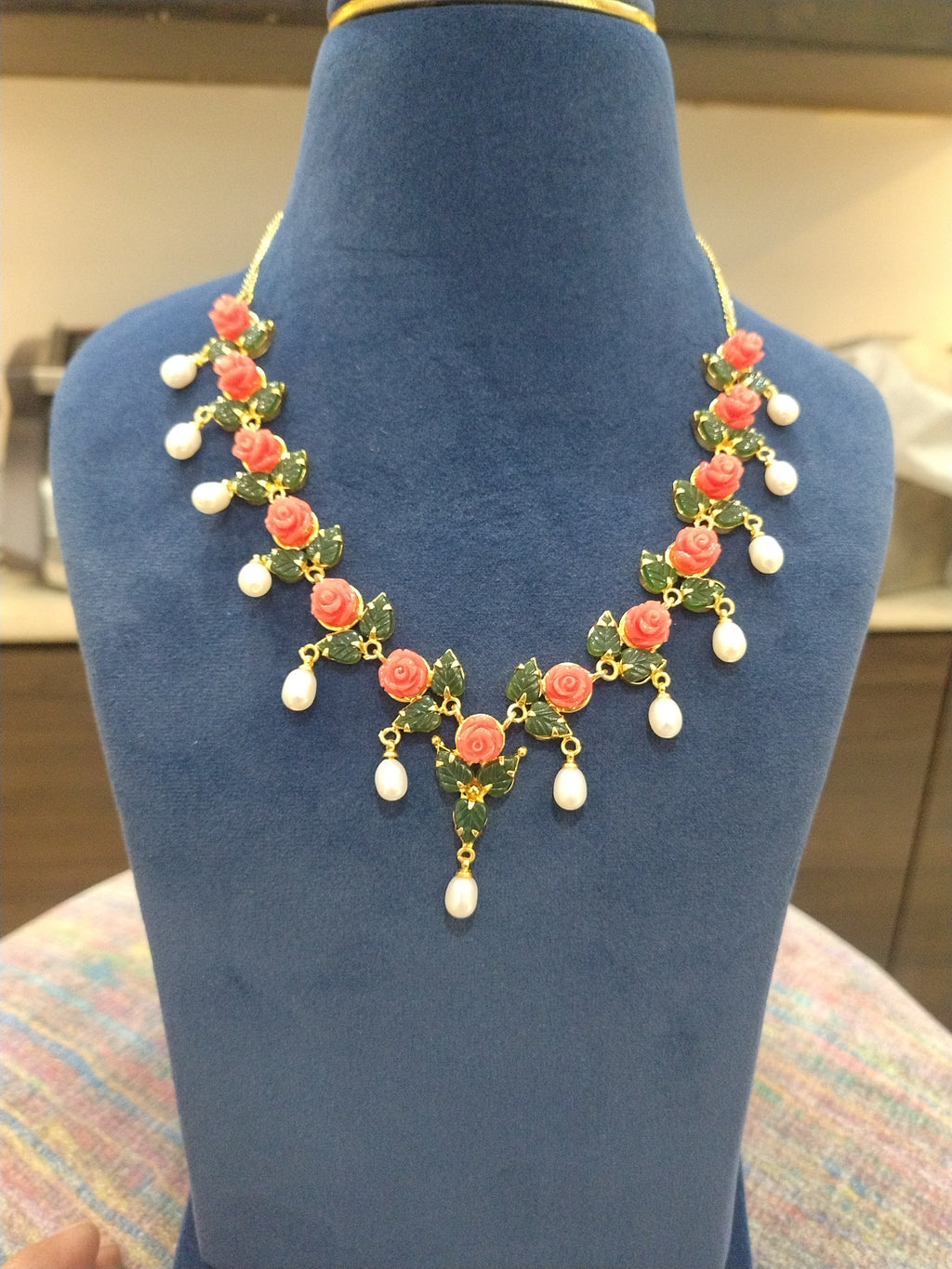 Orange Coral & Jade Leaf Necklace Set with Pearl Drops