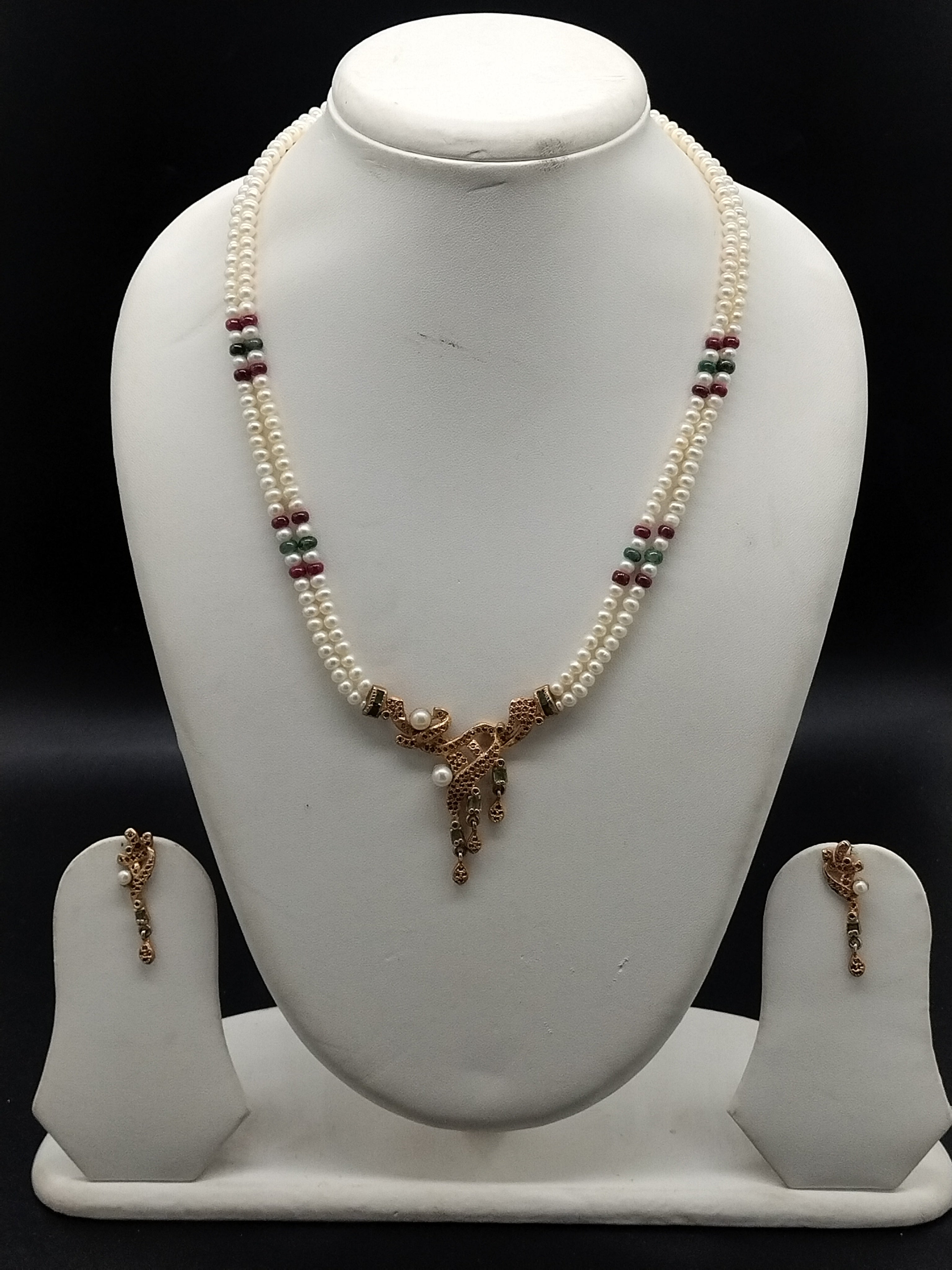 Classic Double-Strand White Freshwater Pearl Pendant Set with Ruby & Emerald Tones