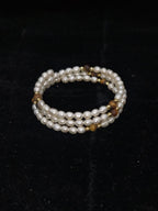 BraceletOval White Pearl 3-Layer Coil Wrap Bracelet with Brown Beads and Gold-Tone Accents