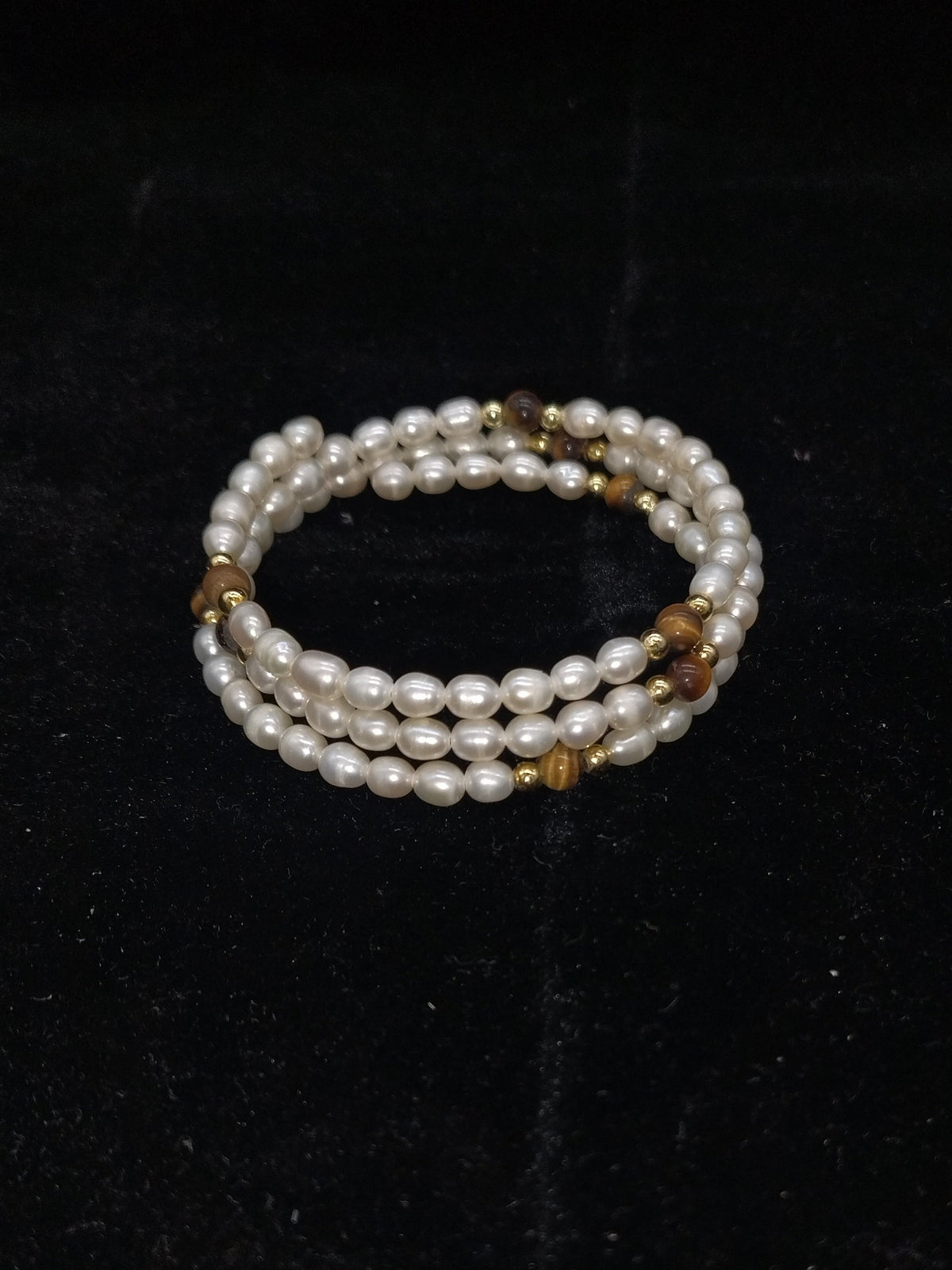 BraceletOval White Pearl 3-Layer Coil Wrap Bracelet with Brown Beads and Gold-Tone Accents