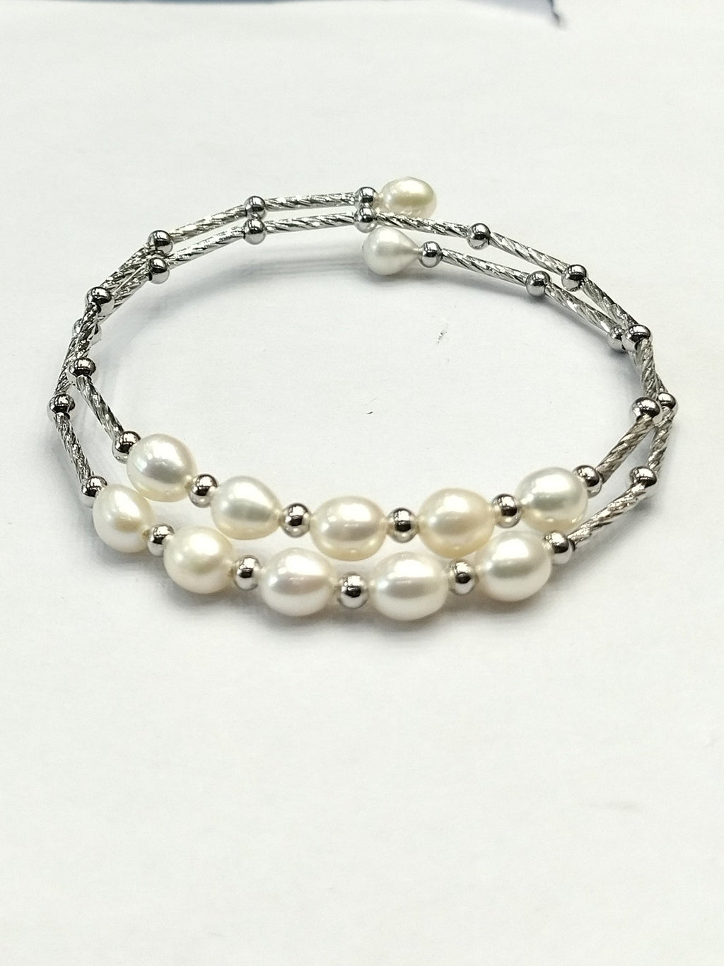 Dual-Strand White Pearl & Textured Silver Wrap Cuff Bracelet