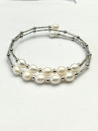 Dual-Strand White Pearl & Textured Silver Wrap Cuff Bracelet
