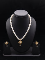 Ornate Filigree Rhombus White Button Pearl Pendant Set