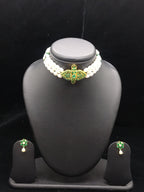 The Emerald Mariposa: 3-Line Oval Pearl & Green Stone Choker Set