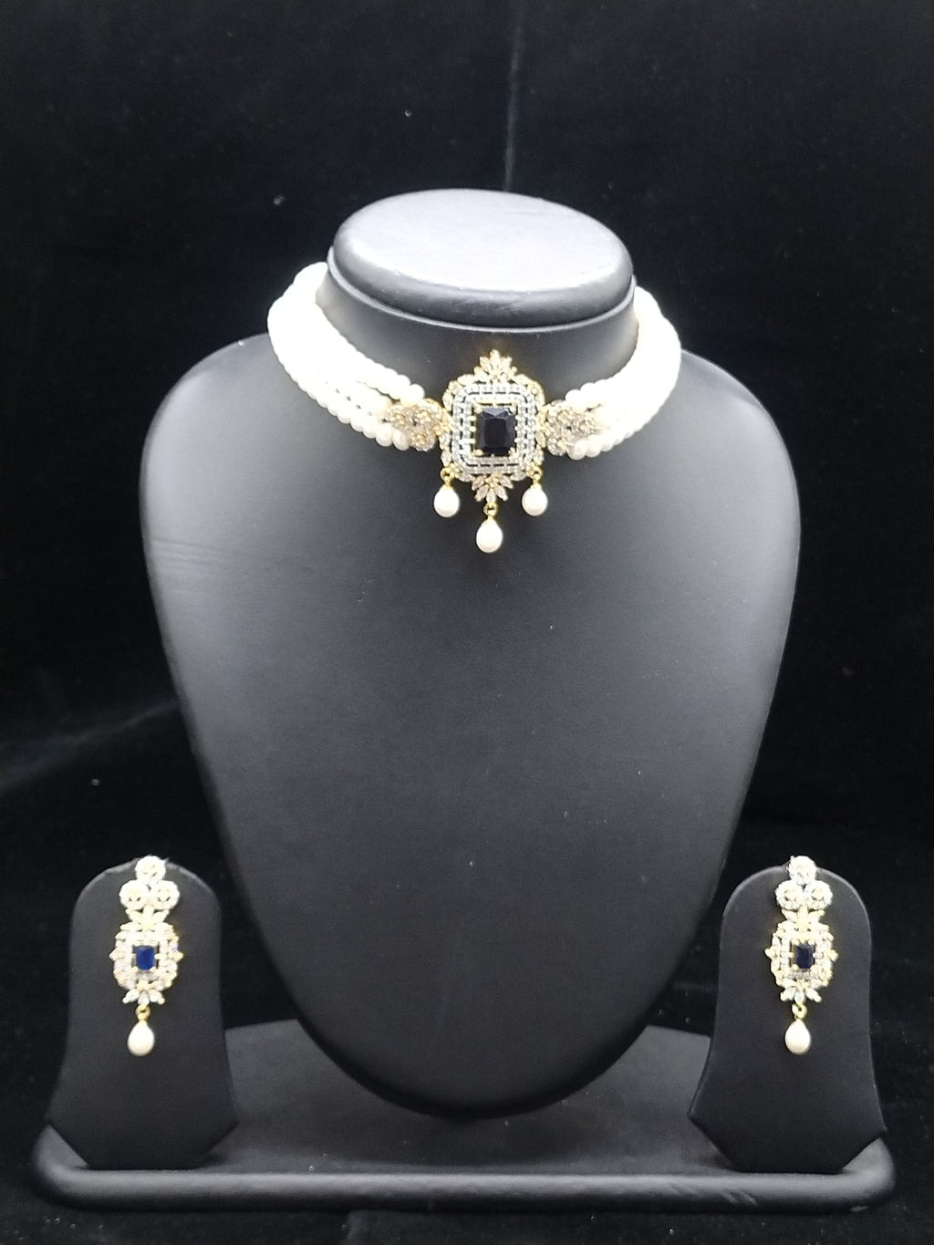 Majestic Blue Radiance: 3-Strand White Pearl Choker & Earring Set