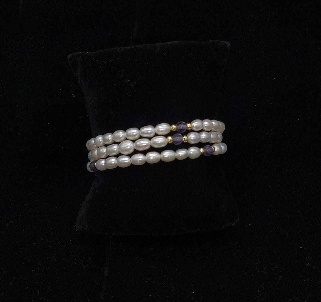 Oval White Pearl 3-Layer Coil Wrap Bracelet with Purple Beads and Gold-Tone Accents