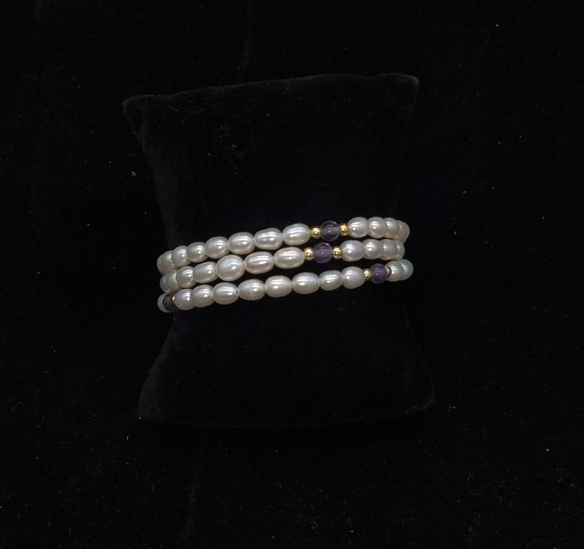 Oval White Pearl 3-Layer Coil Wrap Bracelet with Purple Beads and Gold-Tone Accents