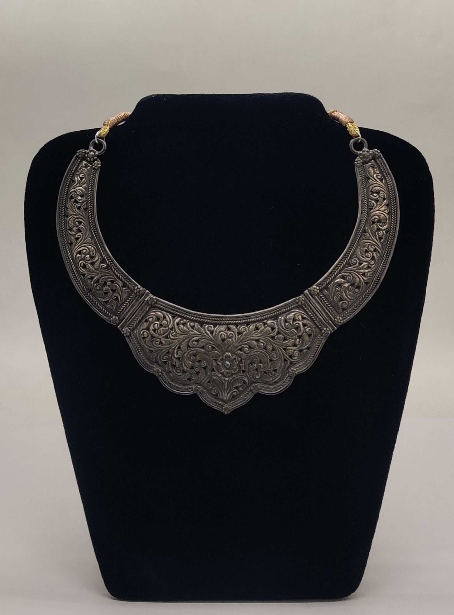 royal engraved oxidized silver choker necklace with floral and scroll motifs