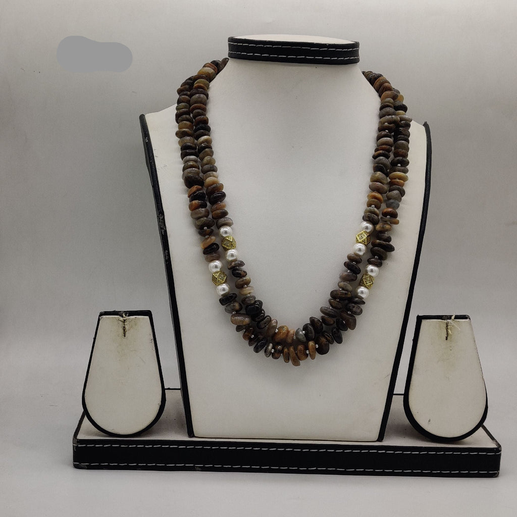 rustic freshwater pearl necklace set with white pearls and earthy beads in multi strand design