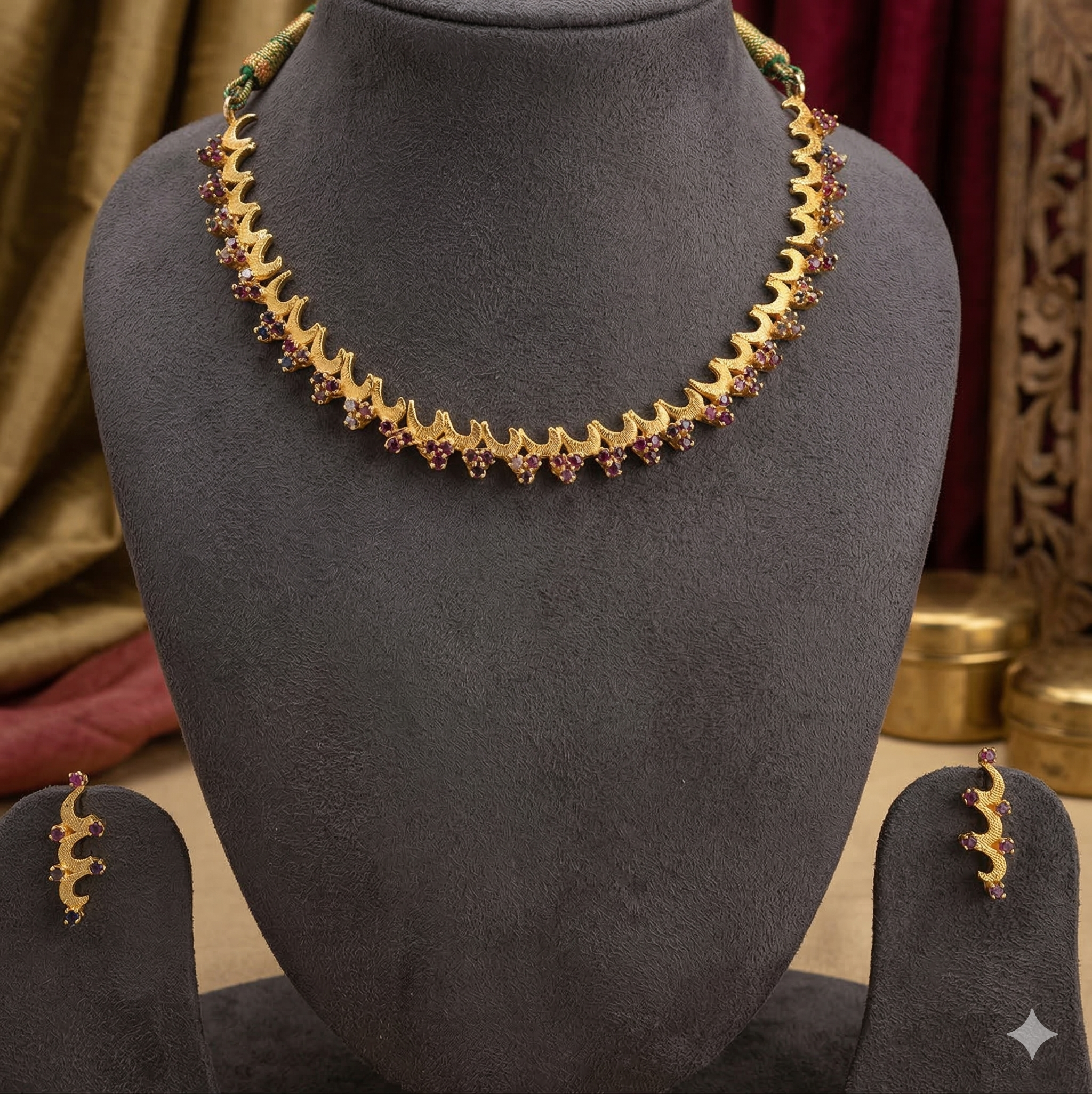 traditional gold tone temple necklace set with red stone design and matching earrings