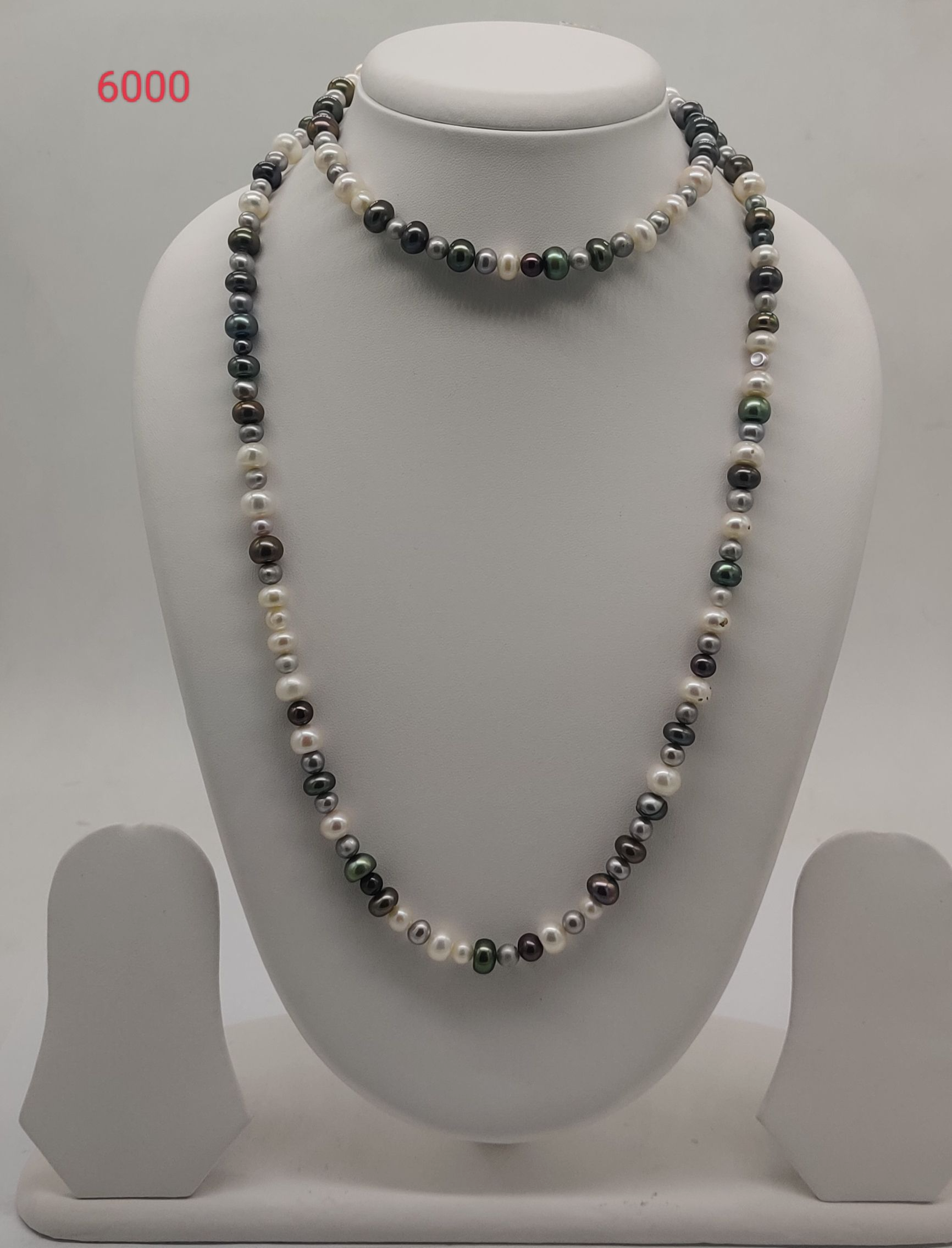tricolor freshwater pearl necklace with white grey and black pearls in long single strand design