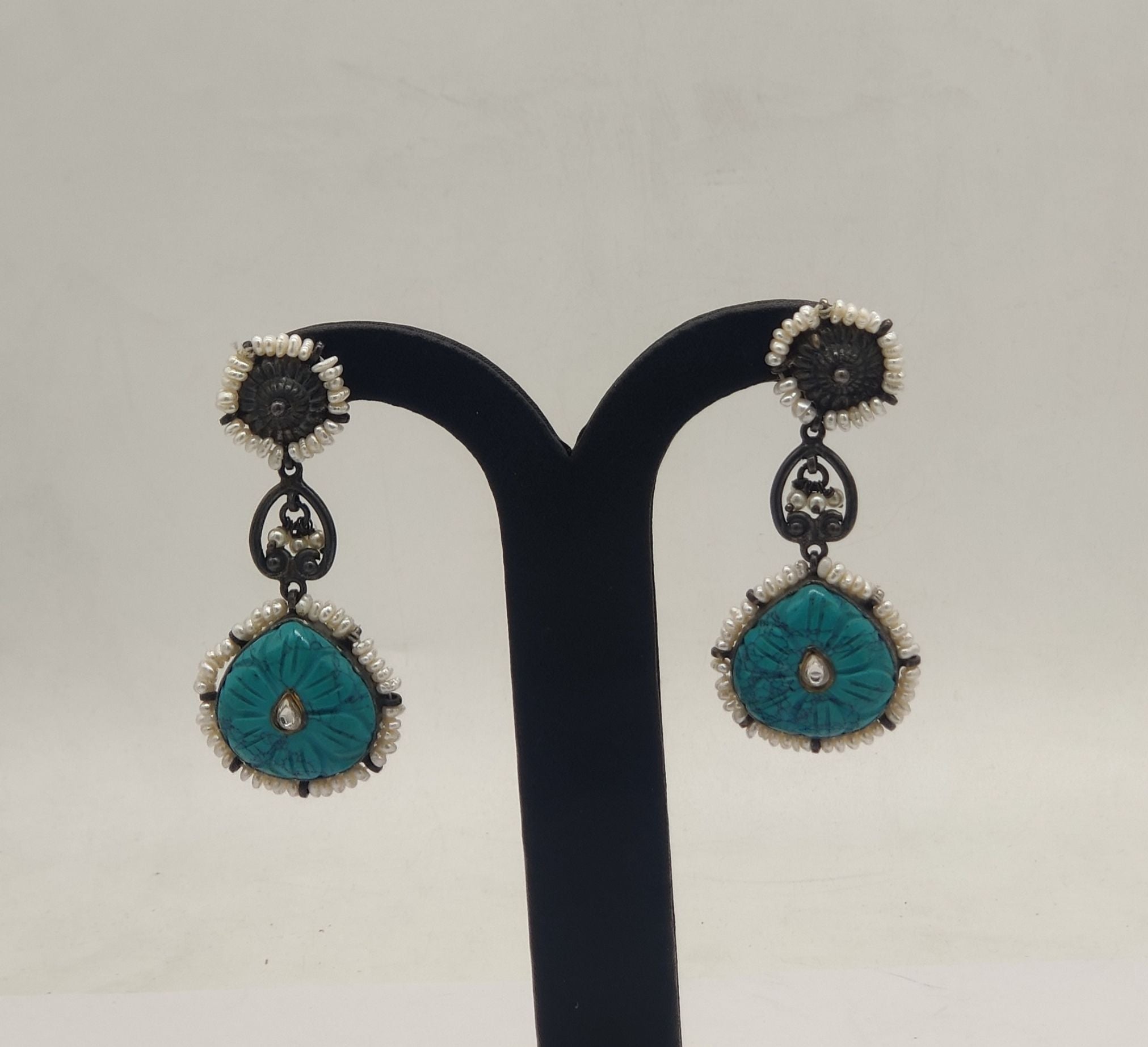 turquoise blossom oxidized silver chandelier earrings with turquoise stones and freshwater pearls