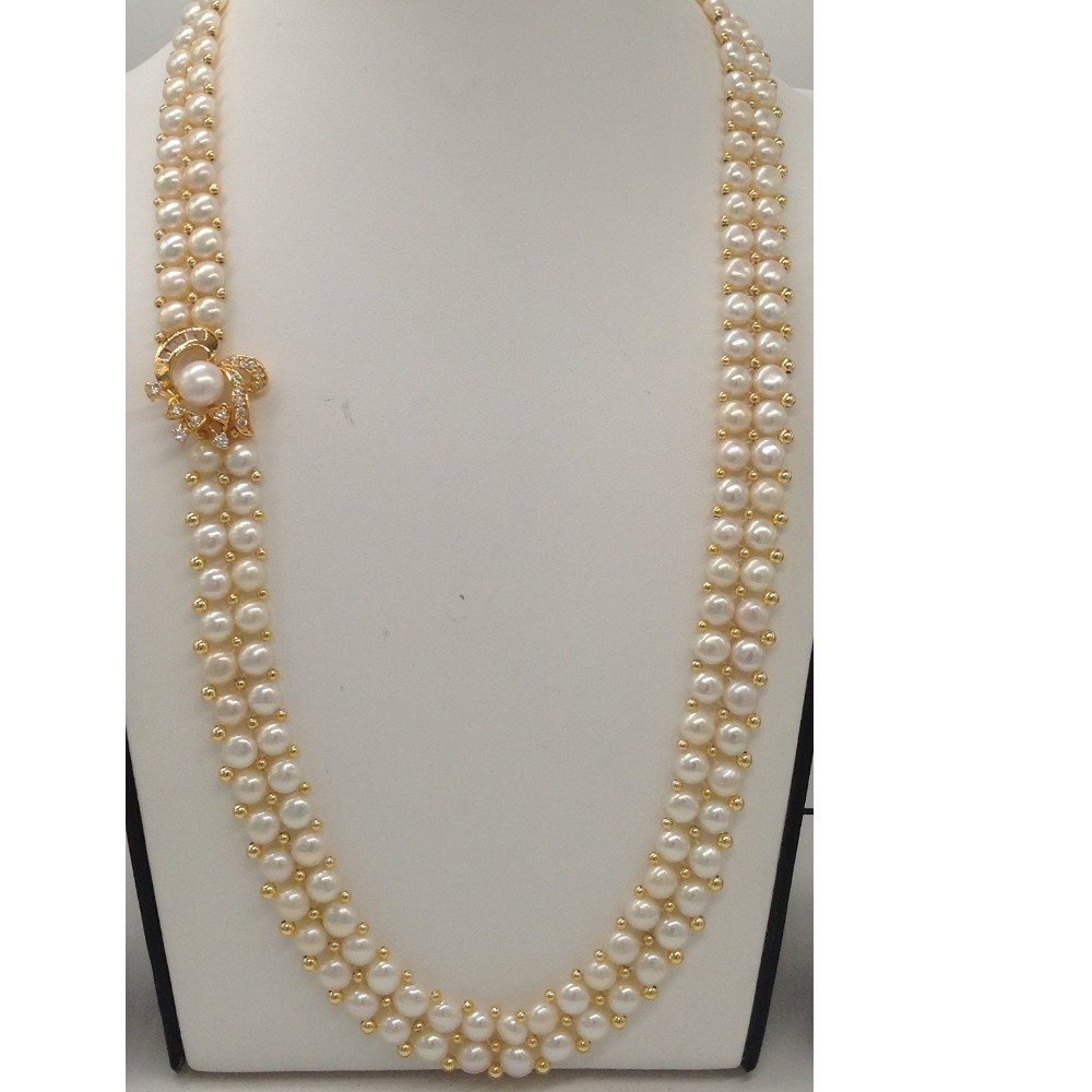 White CZ And Pearl Broach Set With 2 Line Button Jali Pearls Mala JPS0362