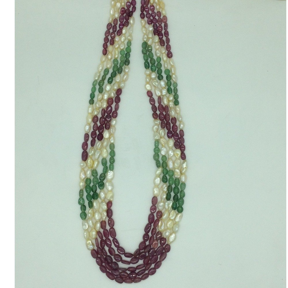 Cream Kudkal Pearls with Red,Green Beeds 5 Layers Mala JPM0525