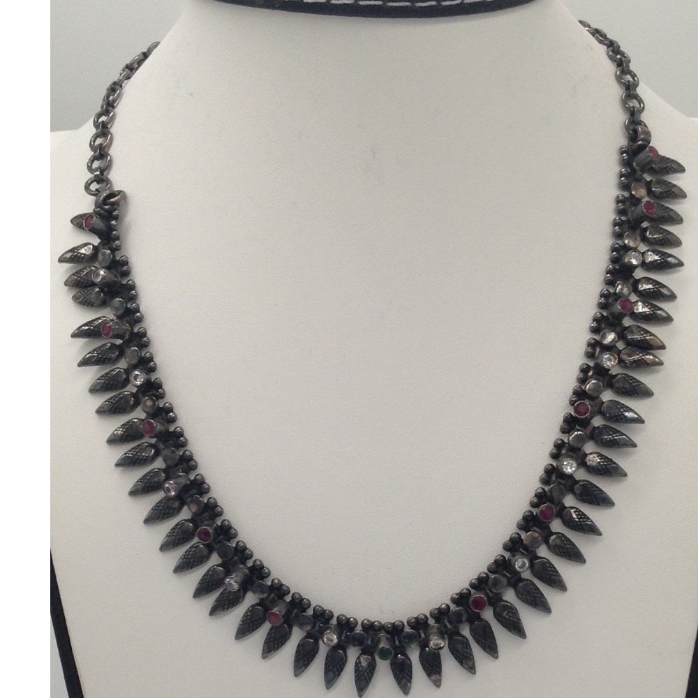 Silver 925 Oxidised Necklace with White CZ and Ruby Stones JNC0017
