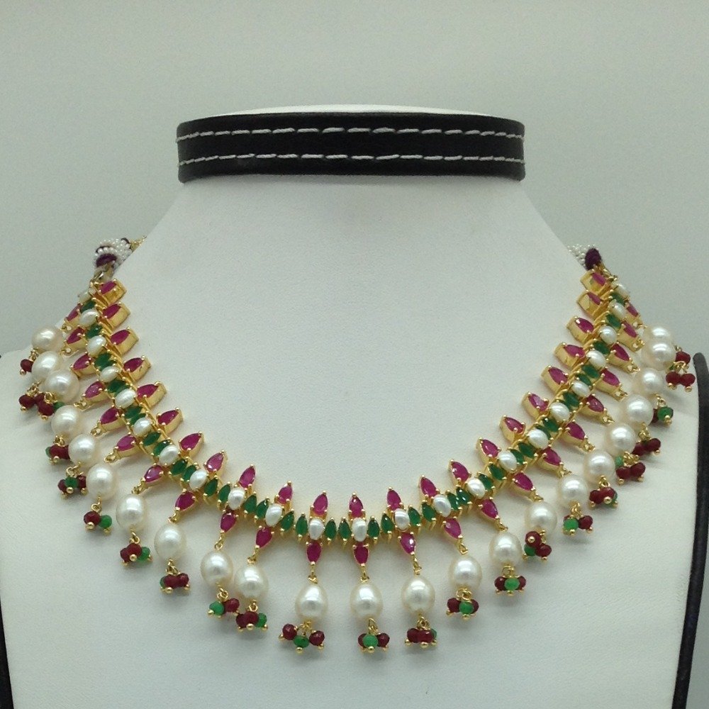 Red,Green Cz and Pearls Necklace Set JNC0184