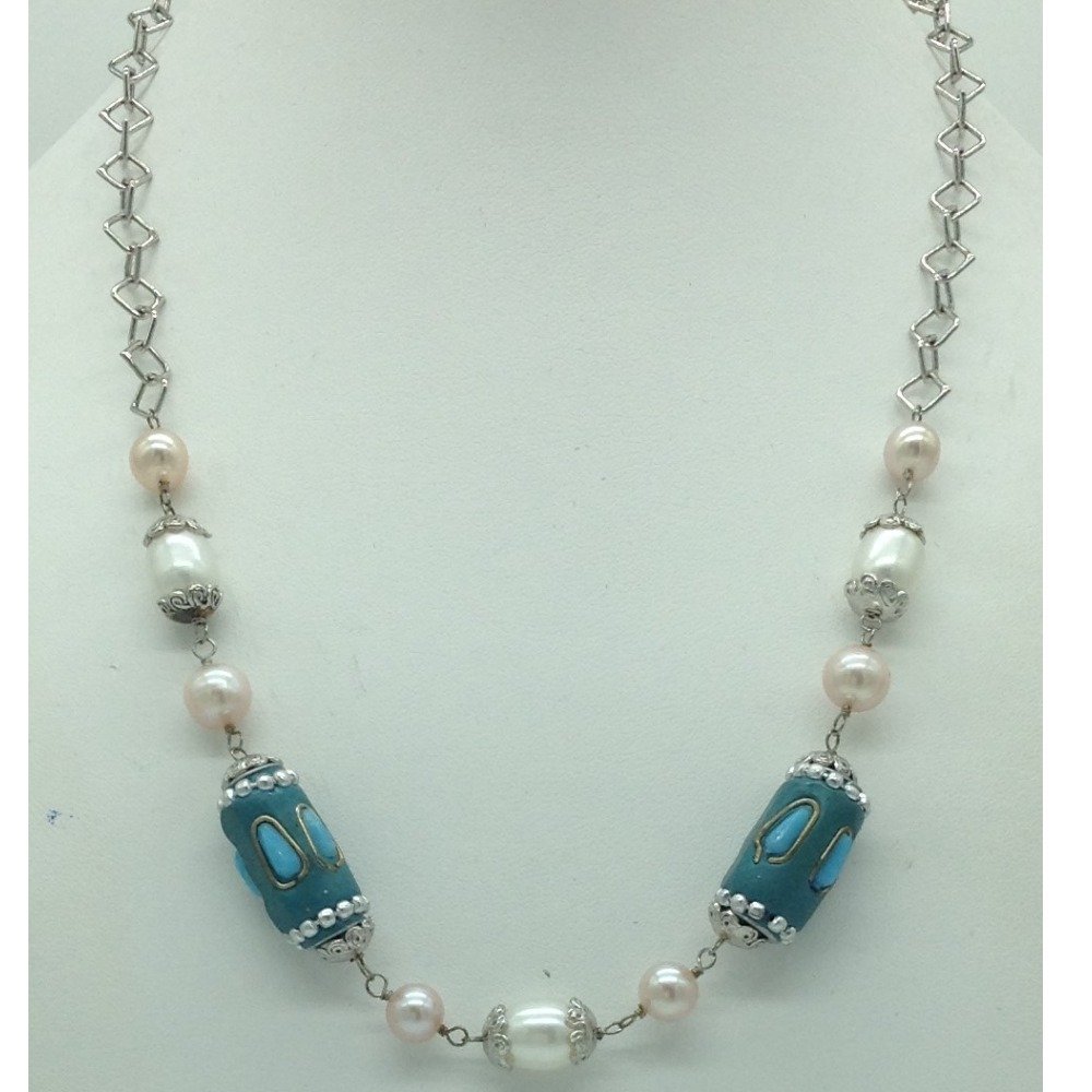 Freshwater white,pink pearls and turquoise silver chain set jnc0085