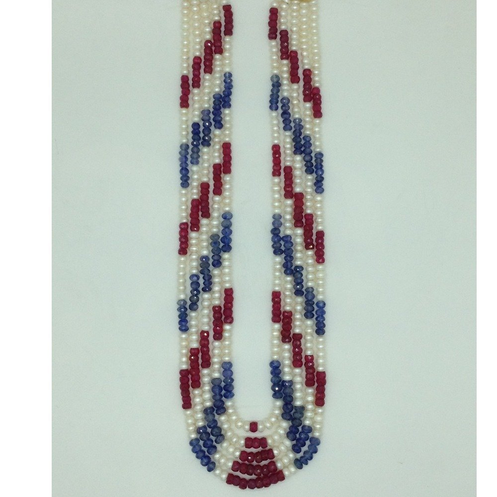 White Flat Pearls with Red,Blue Beeds 5 Layers Mala JPM0529