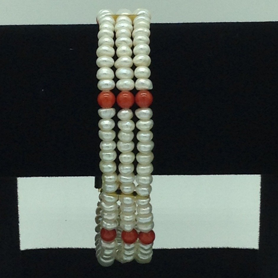 White Flat Pearls With Coral Beeds 3 Layers Bracelet JBG0204