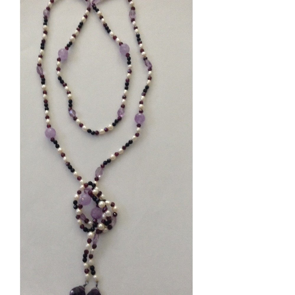 White Oval Pearls With Faceted Amethyst Beeds Long Mala JPM0166