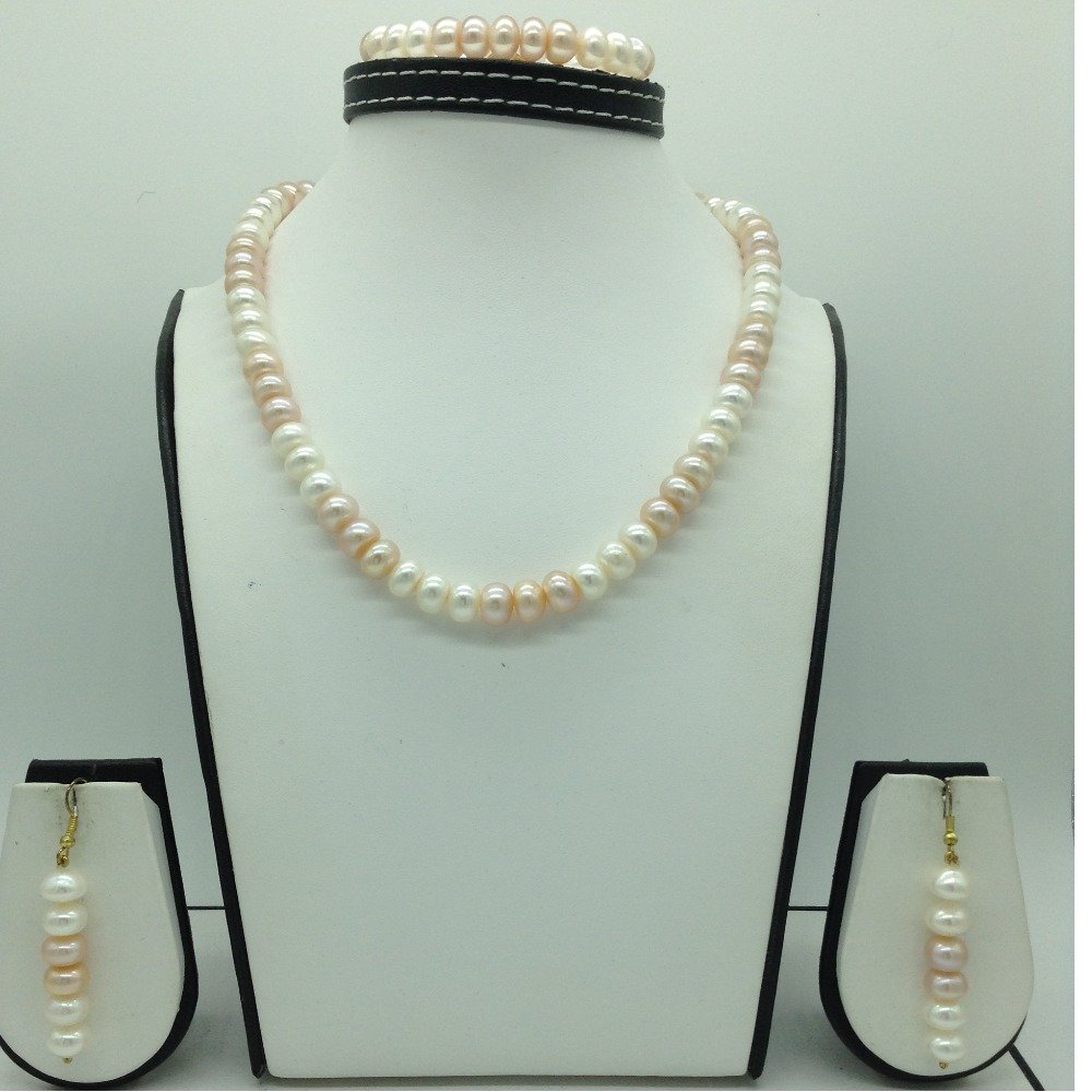 Freshwater Pink and White Flat Pearls Necklace Set JPP1070