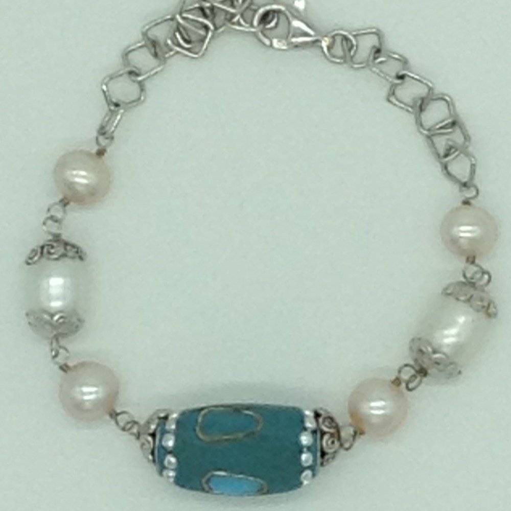 Freshwater white,pink pearls and turquoise silver chain set jnc0085