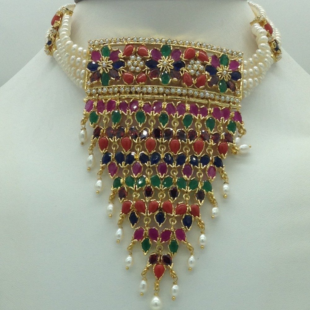 Navratan Jhalar Choker Set With 4 Line Flat Pearls Mala JPS0758