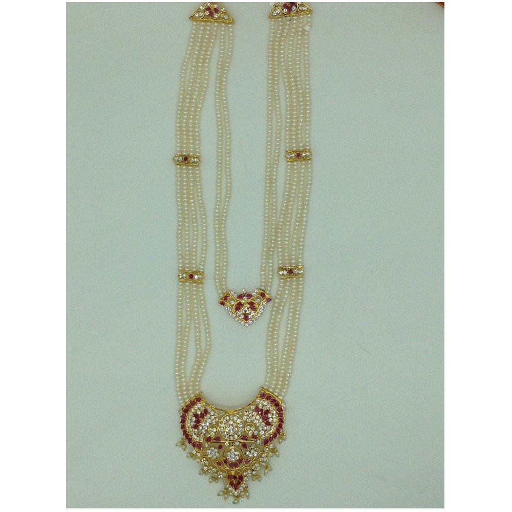White,Red CZ Step Ranihaar Set With 6 Lines Flat Pearls Mala JPS0663