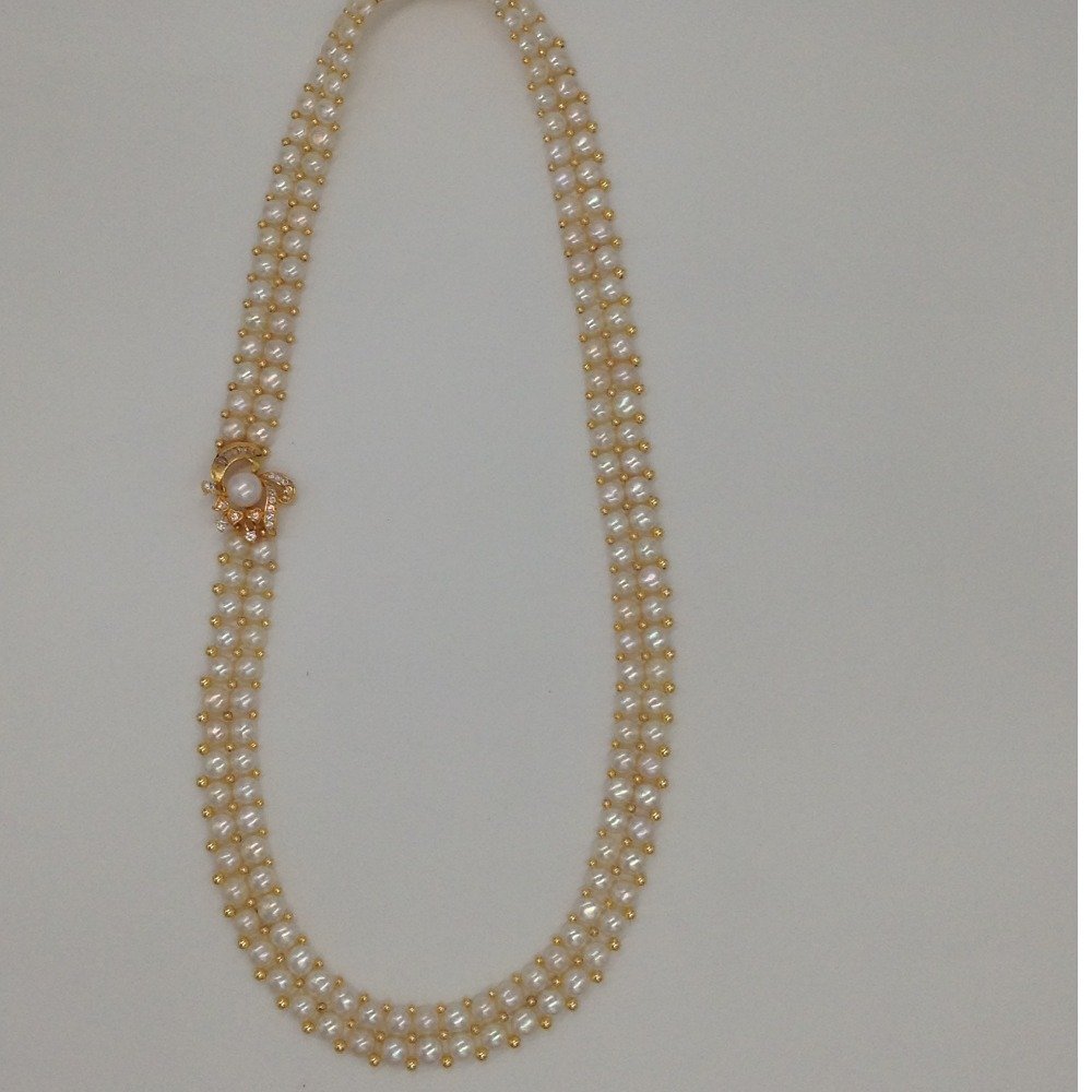 White CZ And Pearl Broach Set With 2 Line Button Jali Pearls Mala JPS0362