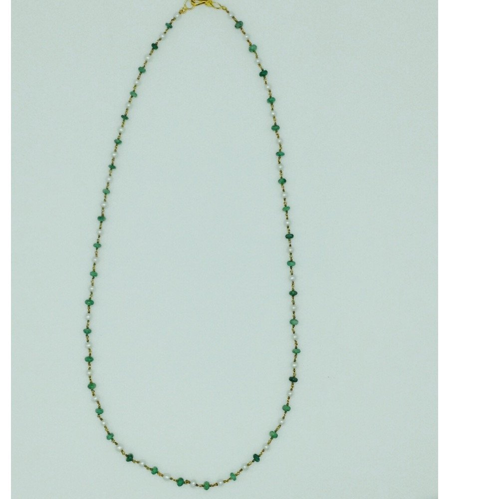 White Freshwater Round Pearls With Emeralds Gold Taar Mala JGT0011